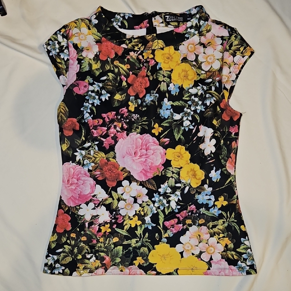 New York & Co. Black Floral Stretch Cap Sleeve Blouse Size Small